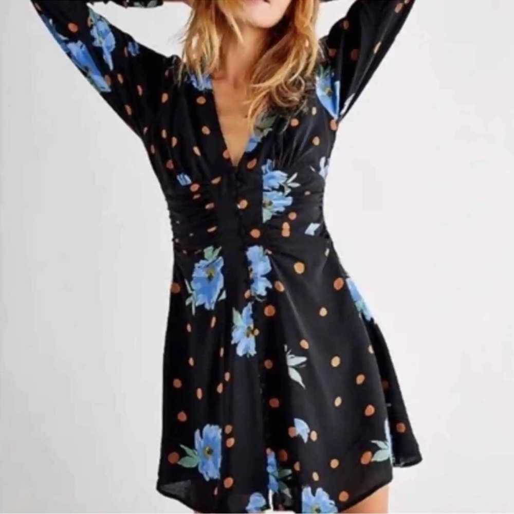 FREE PEOPLE Date Night Mini Floral Polka Dot Moonlight Long Sleeve Dress NWT M